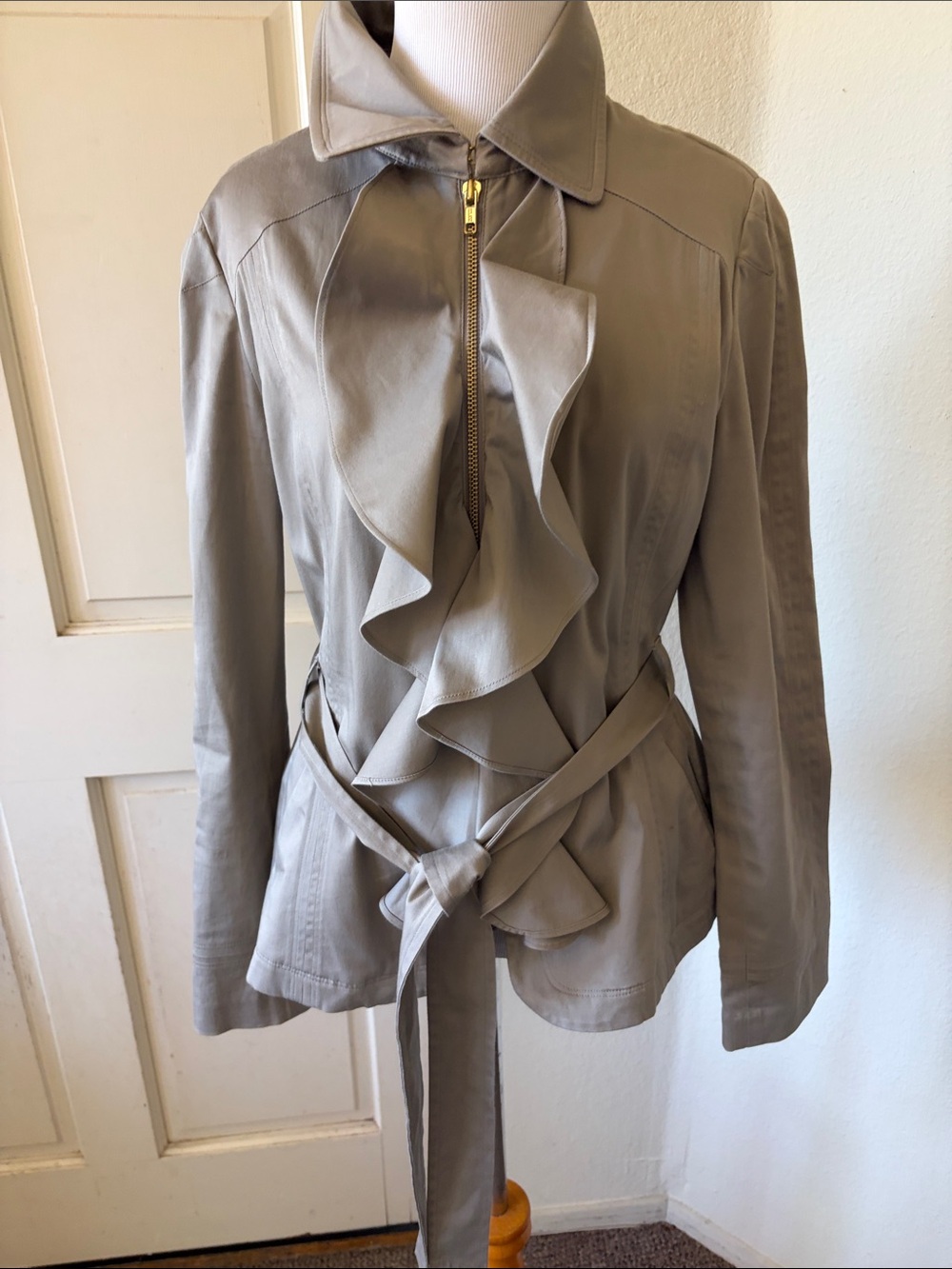 Elle Ruffle-Front Belted Trench Coat - Taupe